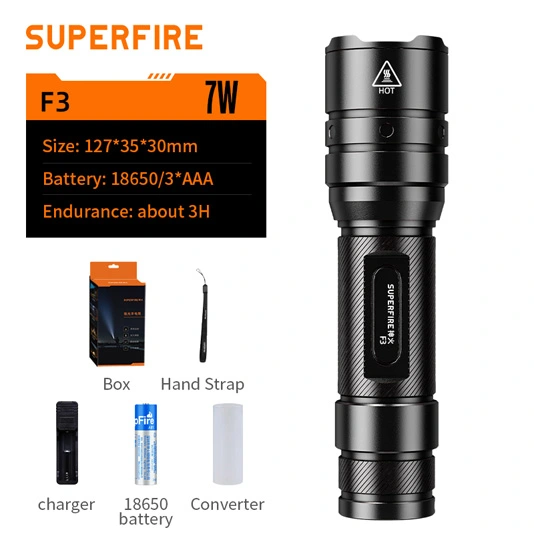 مصباح يدوي تكتيكي قابل لإعادة الشحن F3 SUPERFIRE Lumens Zoomable