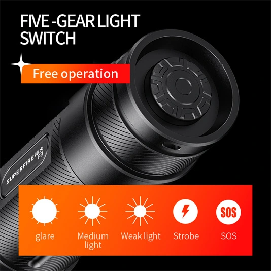 مصباح يدوي تكتيكي قابل لإعادة الشحن F3 SUPERFIRE Lumens Zoomable