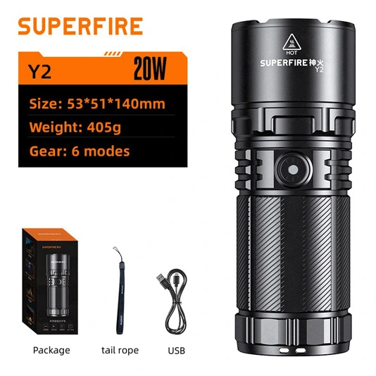 مصباح يدوي SUPERFIRE Y2 شمعة عالي الطاقة قابل لإعادة الشحن لمسافات طويلة