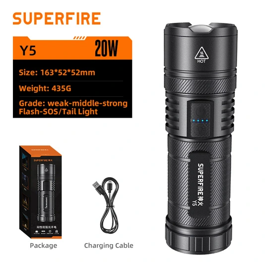 مصباح يدوي SUPERFIRE Y5 شمعة 20 واط قابل لإعادة الشحن مع بنك طاقة