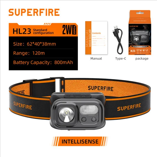 مصباح أمامي بمستشعر ليد قابل لإعادة الشحن USB HL23/من SUPERFIRE