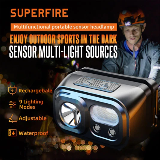 مصباح أمامي بمستشعر ليد قابل لإعادة الشحن USB HL23/من SUPERFIRE