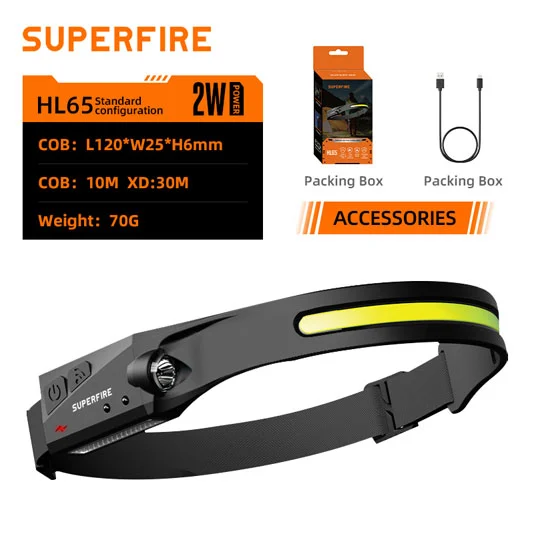 مصابيح أمامية SUPERFIRE HL65 قابلة لإعادة الشحن مع مستشعر حركة