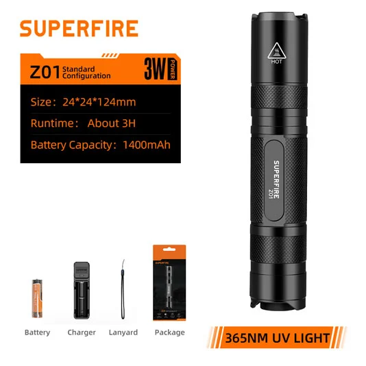 SUPERFIRE Z01 قابلة لإعادة الشحن 365nm الشعلة فوق البنفسجية